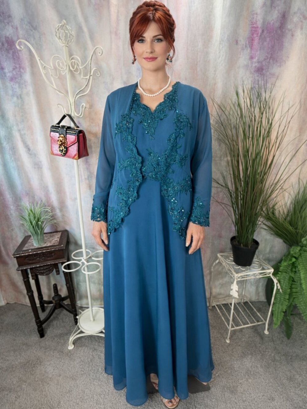 📌A Timeless Teal Embroidered & Rhinestone Formal Night Dress and Jacket Set